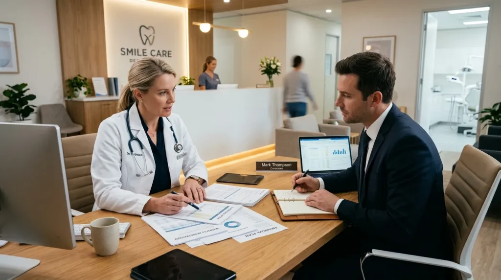 Dentista e consultor analisam documentos para abertura de clinica odontológica cnpj em recepção moderna.