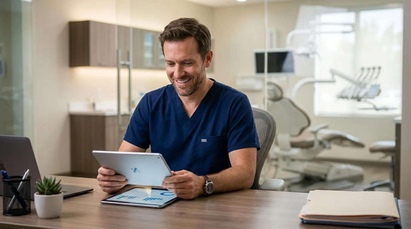 Dentista analisando relatórios de contabilidade para clínicas odontológicas em escritório moderno.