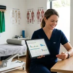 Fisioterapeuta sorridente analisando relatórios financeiros de contabilidade para fisioterapeutas em seu consultório.