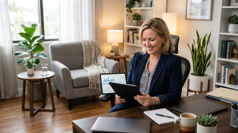 Psicóloga em seu consultório analisando relatórios de contabilidade para psicólogos em um tablet.