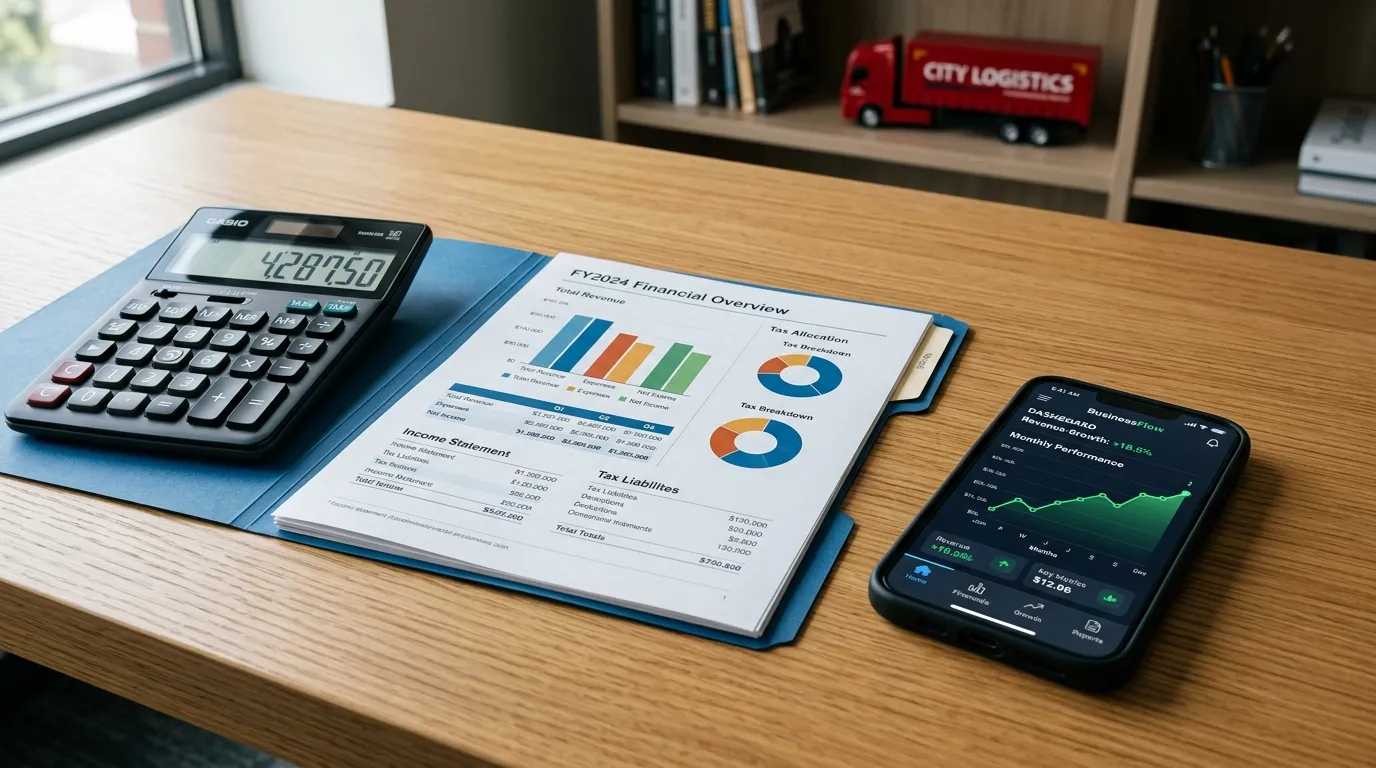 Calculadora e documentos fiscais organizados sobre mesa de escritório para controle de impostos do MEI caminhoneiro.