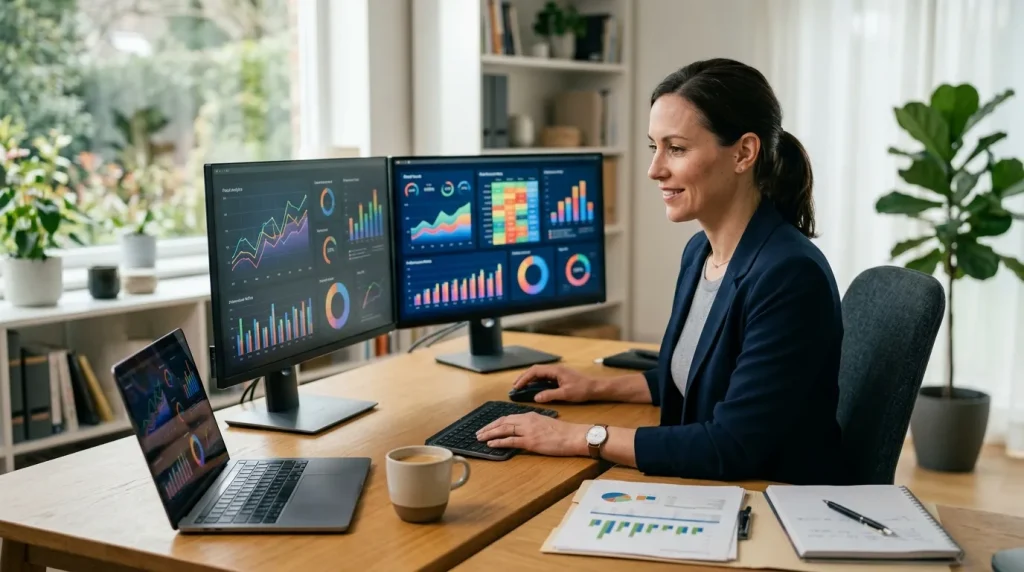 Empreendedor analisando créditos de IBS e CBS e impactos nos negócios digitais em escritório moderno.