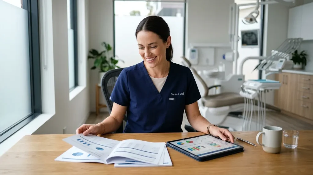 Dentista no consultório analisando documentos para decidir o melhor CNPJ para dentista de forma estratégica.