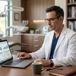 Dentista em consultório analisando planilhas financeiras para organizar o imposto de renda dentista de forma prática.