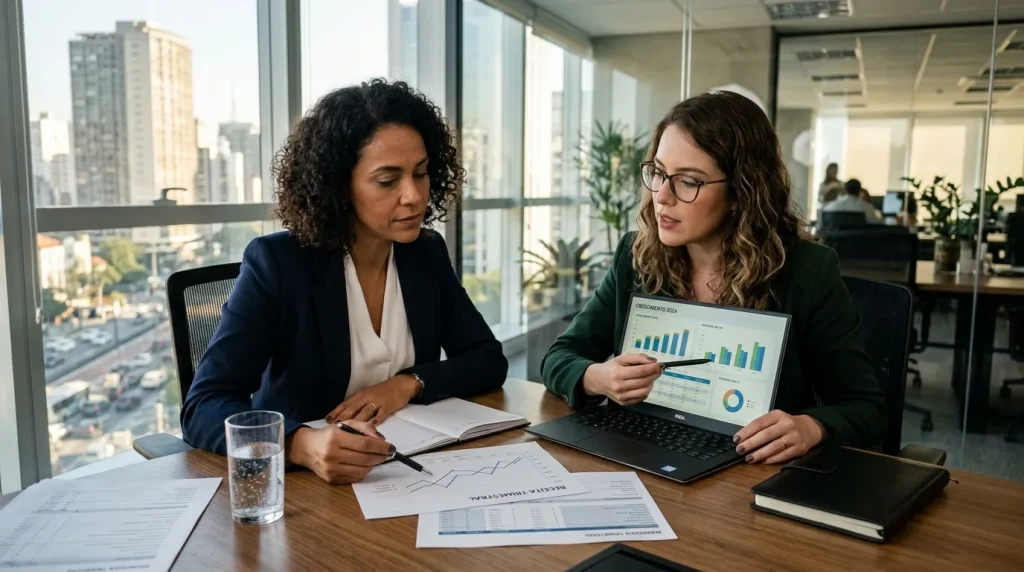 Empresários analisando relatórios financeiros para avaliar a adesão ao Lucro Real na gestão tributária corporativa.