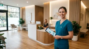 Fisioterapeuta sorrindo ao entender as vantagens de abrir um CNPJ para fisioterapeuta em seu consultório moderno.