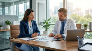 Gestores analisando planejamento da reforma tributária para clínicas médicas em escritório moderno.