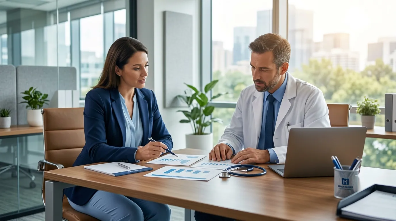 Gestores analisando planejamento da reforma tributária para clínicas médicas em escritório moderno.