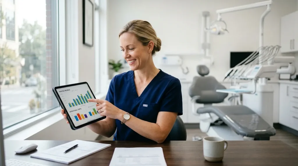 Dentista analisa relatorios financeiros em tablet mostrando a importancia da contabilidade para dentistas.