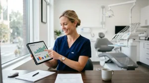 Dentista analisa relatorios financeiros em tablet mostrando a importancia da contabilidade para dentistas.