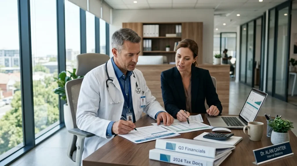 Médico analisando documentos financeiros e planejamento de contabilidade para médicos em consultório moderno.