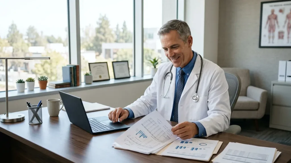 Médico analisando planejamento tributário avaliando se Simples Nacional híbrido para médicos vale a pena em 2027.