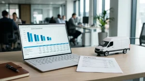 Planilha financeira e miniatura de van representando a manutenção de frota e redução de impostos corporativos.