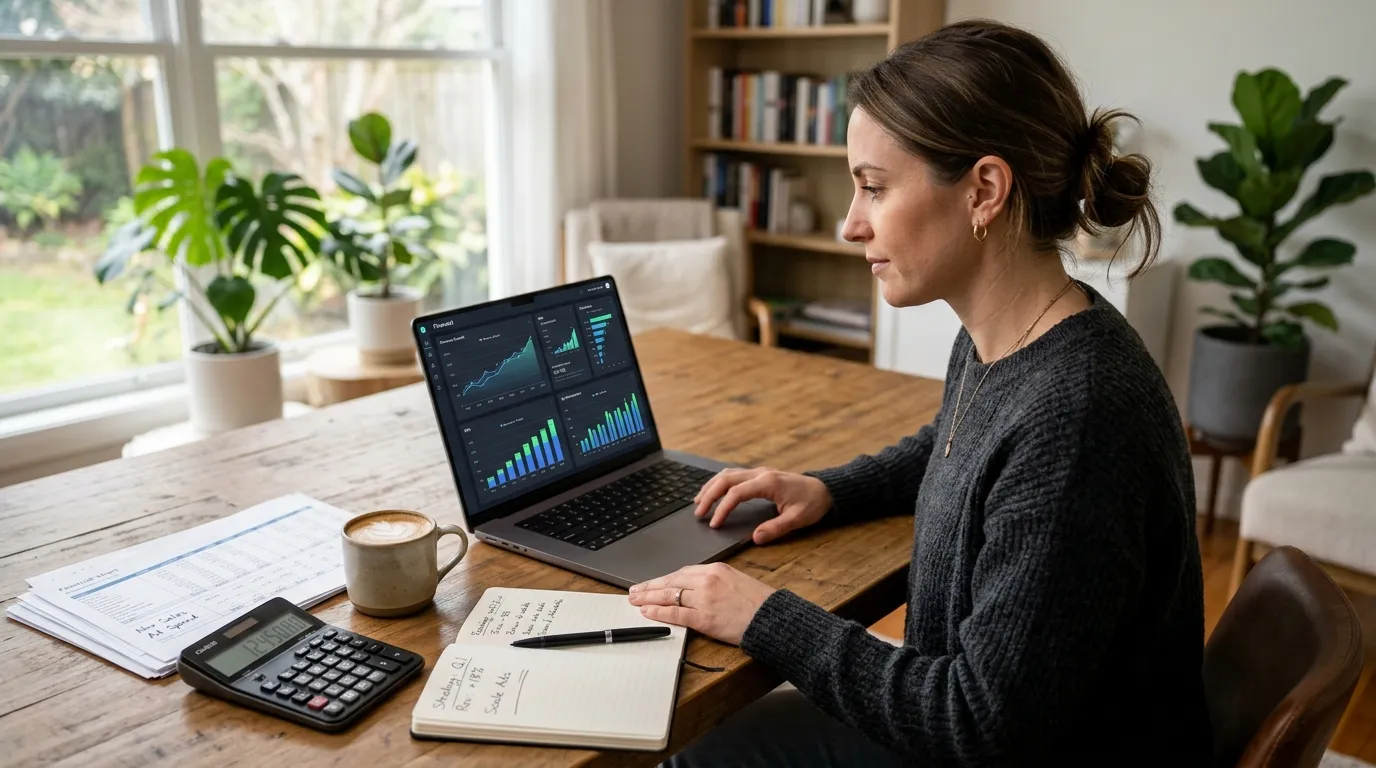 Profissional analisando relatórios de contabilidade para afiliados no laptop em escritório moderno.