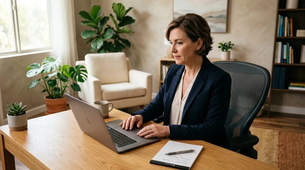 Psicóloga em seu consultório emitindo nota fiscal para psicólogo no notebook de forma organizada.