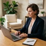 Psicóloga em seu consultório emitindo nota fiscal para psicólogo no notebook de forma organizada.