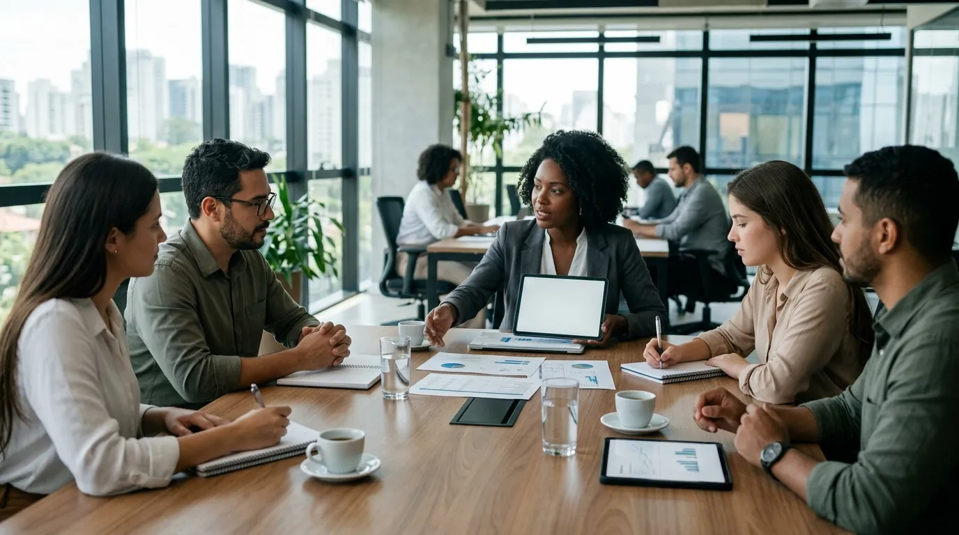 Equipe discutindo impactos da reforma tributária para agências de marketing digital em reunião estratégica.