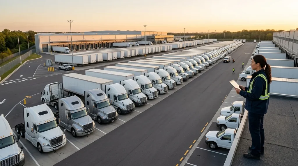Gestor analisa frota frente aos impactos da reforma tributária para transportadora em pátio logístico.