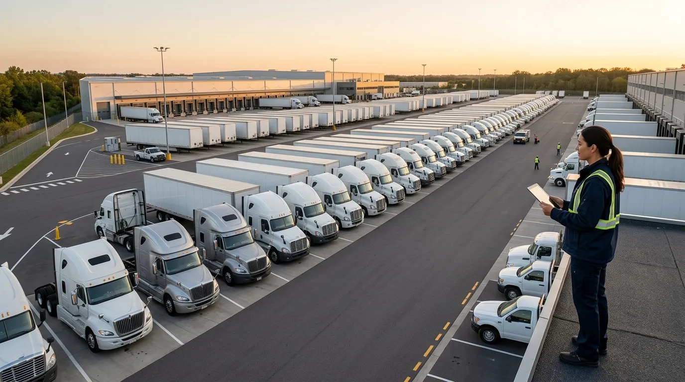 Gestor analisa frota frente aos impactos da reforma tributária para transportadora em pátio logístico.