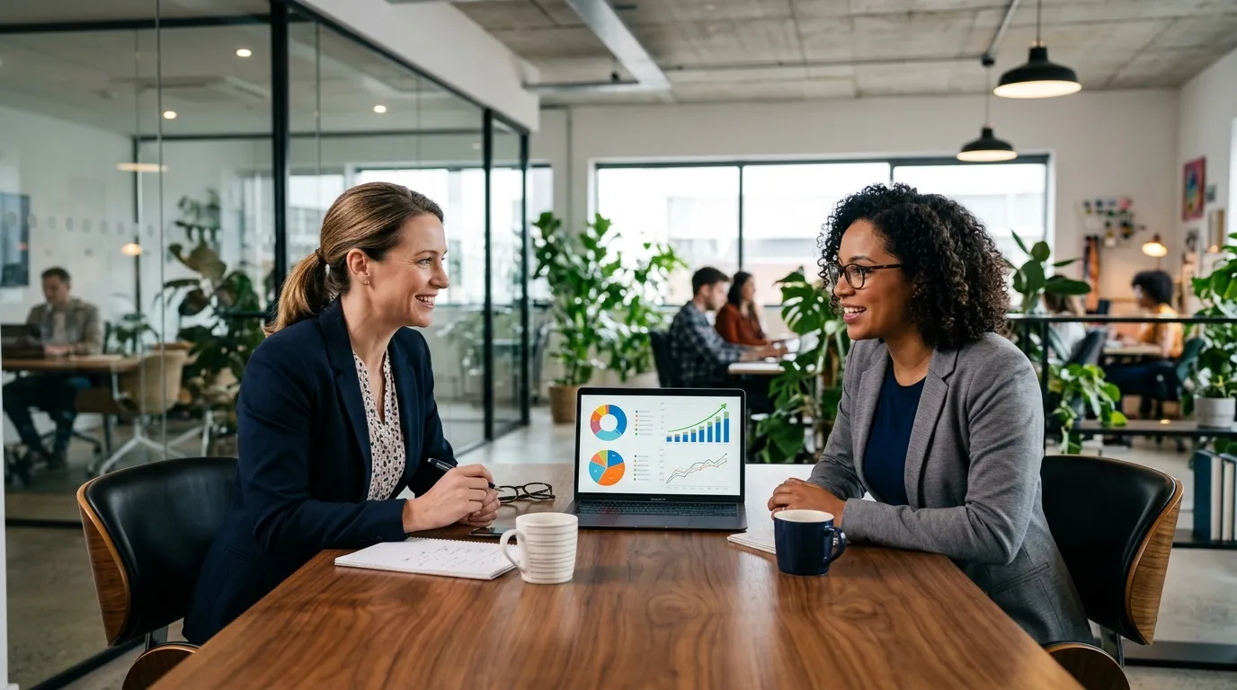 Reunião estratégica de contabilidade para agências de marketing com análise de relatórios financeiros.