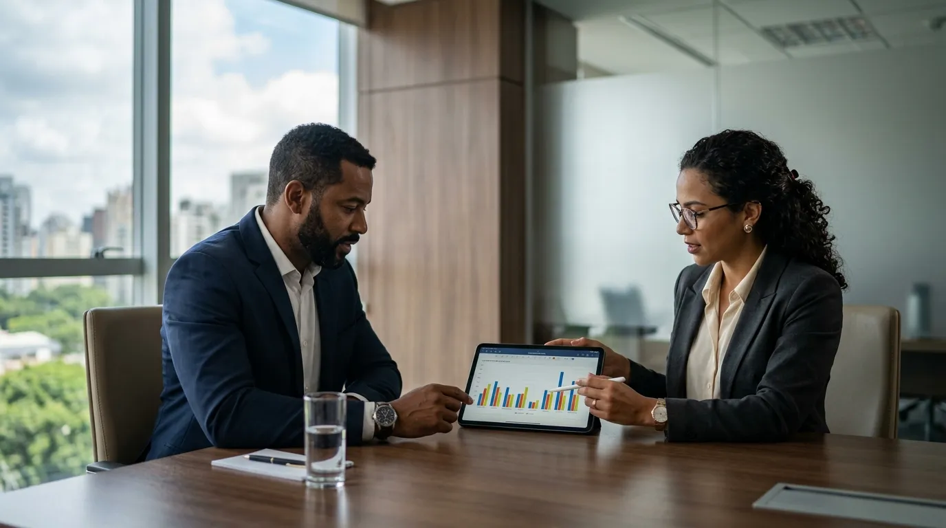 Simples Nacional tradicional ou híbrido em 2027: qual escolher para sua empresa em reunião de planejamento financeiro.
