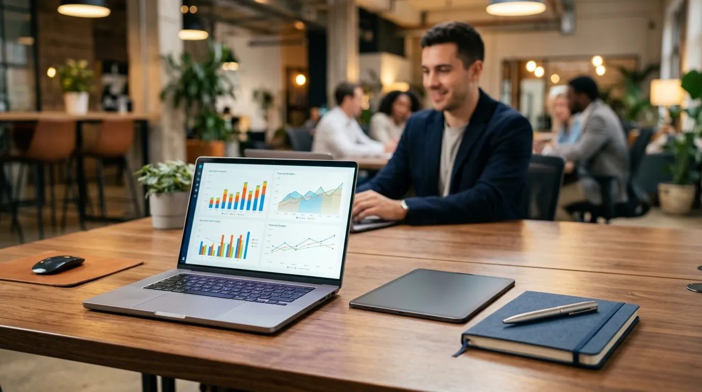Simples Nacional tradicional ou híbrido para negócios digitais: análise financeira em mesa de escritório moderno.