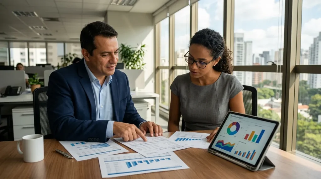 Empresário analisando relatórios para recuperação de créditos tributários com consultor em escritório moderno.