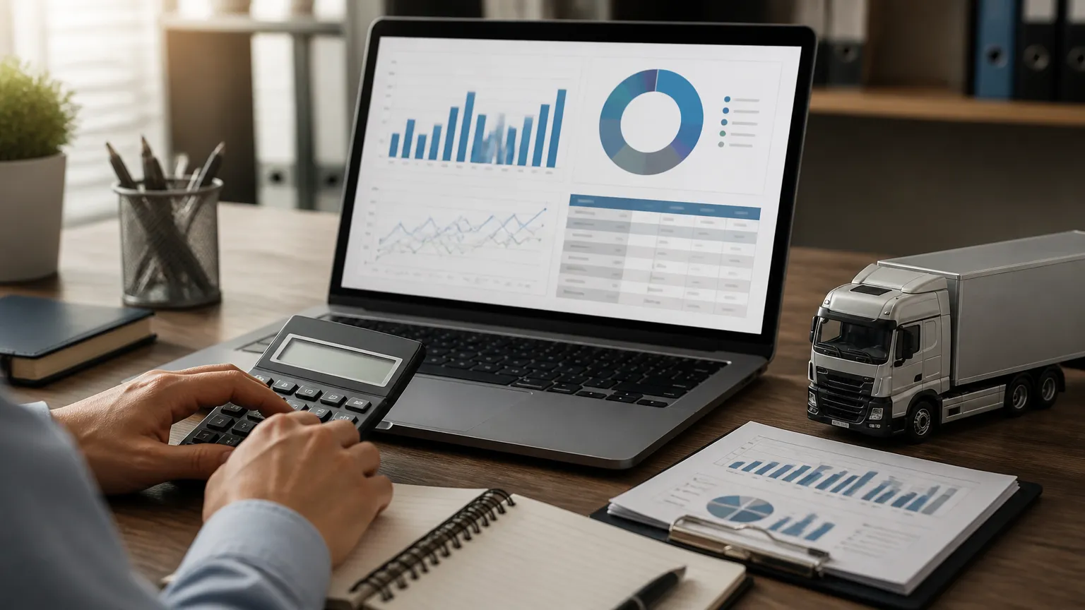 Mesa com computador e documentos fiscais para cálculo do DAS do MEI caminhoneiro 2026.