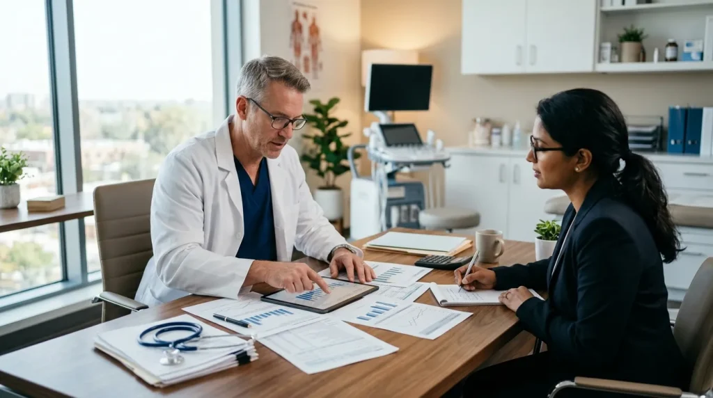 Contabilidade para médicos e clínicas com especialista analisando relatórios fiscais em consultório moderno.