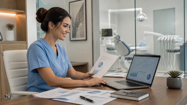 Dentista analisando planejamento financeiro e contabilidade para dentistas em consultório moderno.
