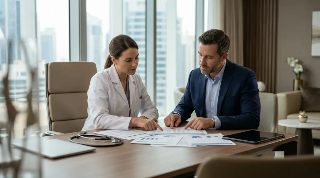 Médica e consultor contábil analisando equiparação hospitalar para clínicas médicas em escritório moderno.
