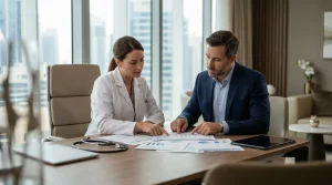 Médica e consultor contábil analisando equiparação hospitalar para clínicas médicas em escritório moderno.