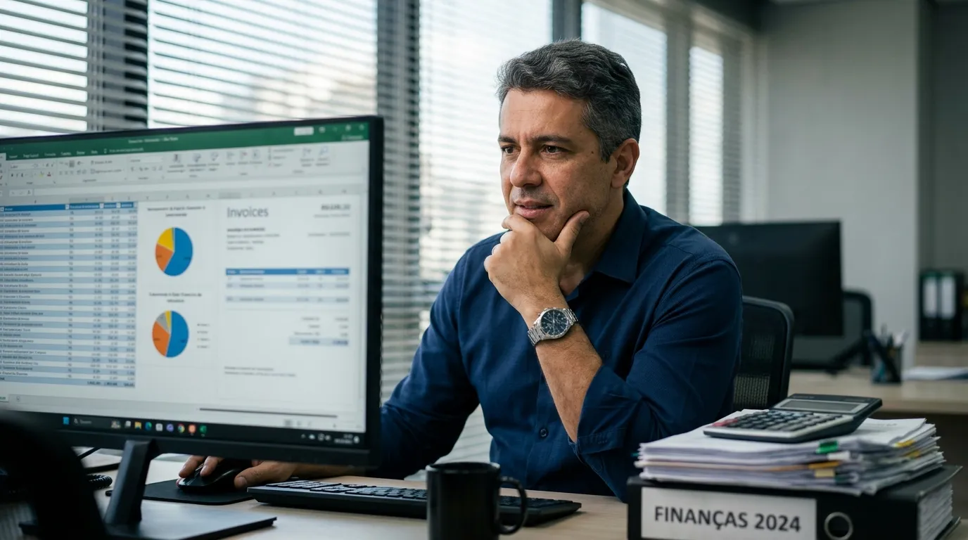 Empresário preocupado analisando erros na emissão de notas fiscais no computador da empresa.