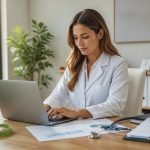 Profissional organizando gestão e contabilidade para nutricionista em consultório moderno.