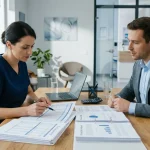Médica analisando gestão fiscal do simples nacional para clínicas médicas em consultório moderno.
