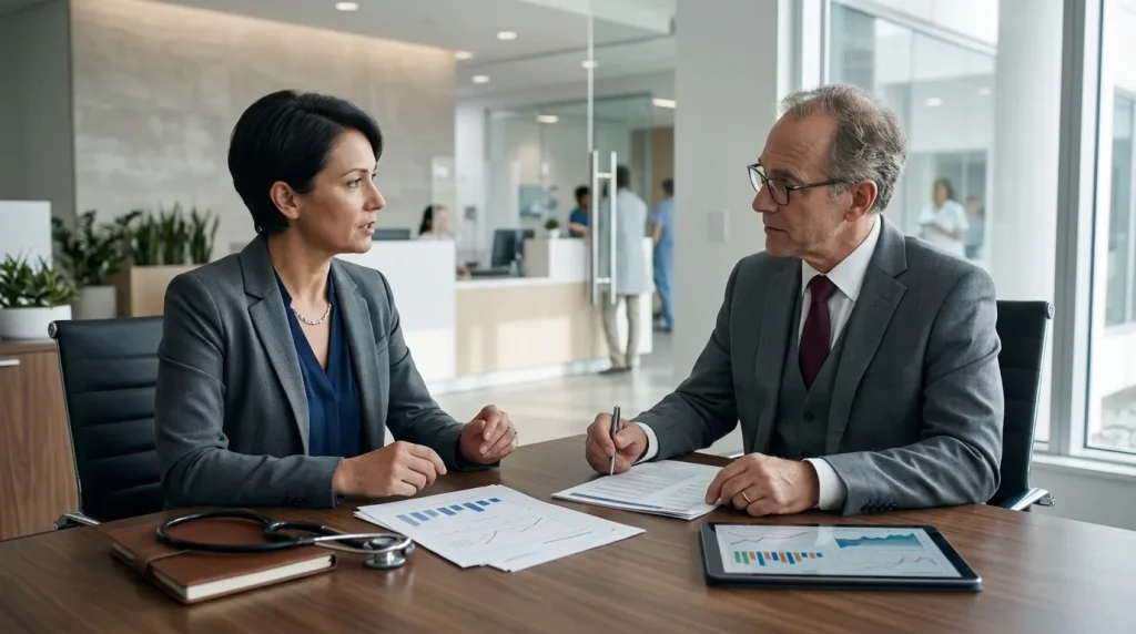 Gestor analisando regime Lucro Real para a área da saúde com consultor financeiro em clínica moderna.