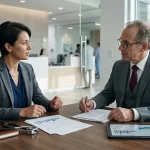 Gestor analisando regime Lucro Real para a área da saúde com consultor financeiro em clínica moderna.