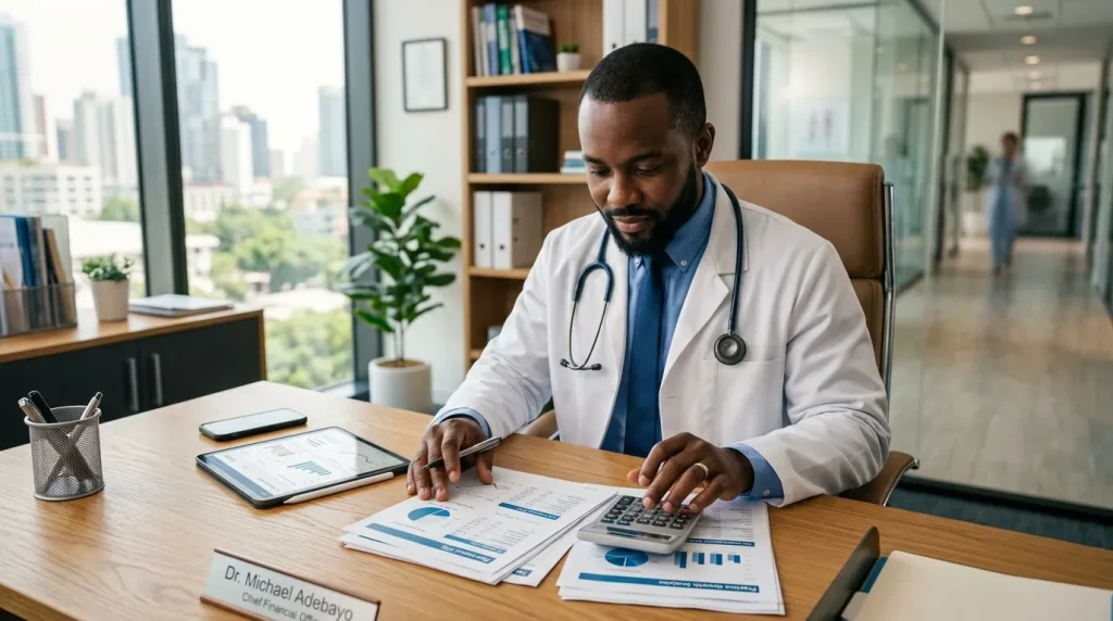 Médico no Lucro Presumido analisando relatórios fiscais e planejamento tributário em consultório.