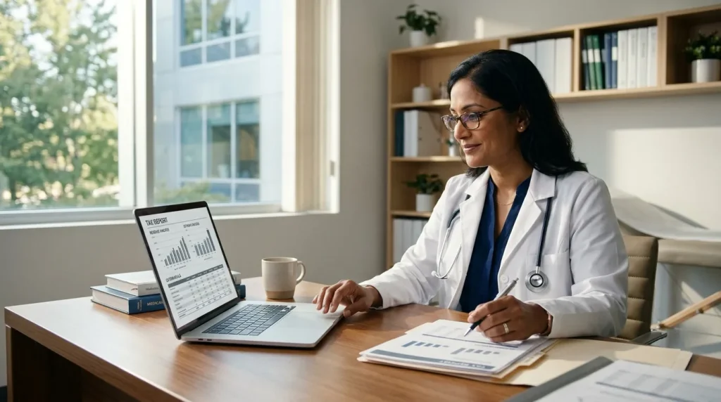 Médico analisando planejamento tributário com Fator R para reduzir impostos da clínica médica.