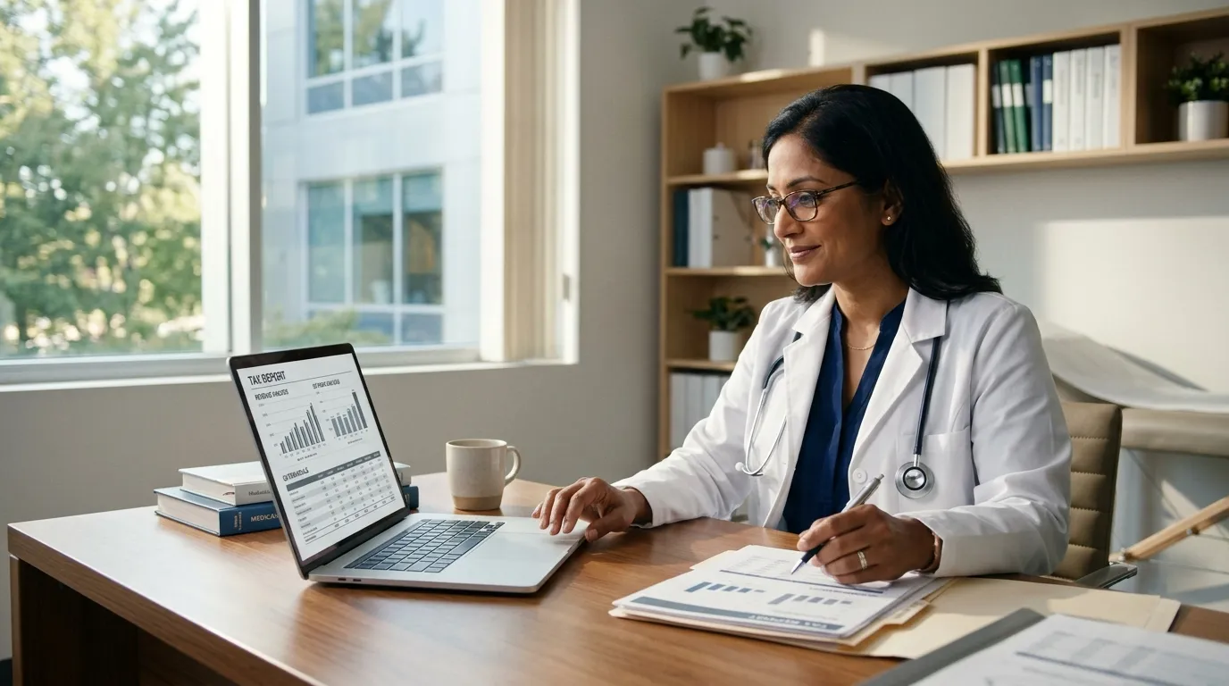 Médico analisando planejamento tributário com Fator R para reduzir impostos da clínica médica.