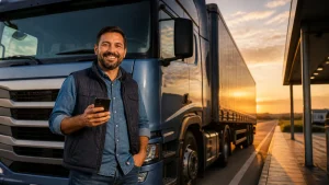 Motorista autônomo ao lado de caminhão para abrir MEI caminhoneiro com segurança