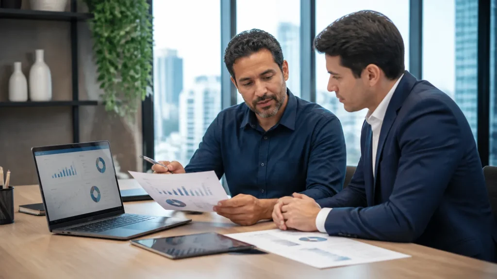Empresário e contador analisando mudanças no simples nacional 2027 em escritório corporativo moderno.