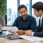 Empresário e contador analisando mudanças no simples nacional 2027 em escritório corporativo moderno.